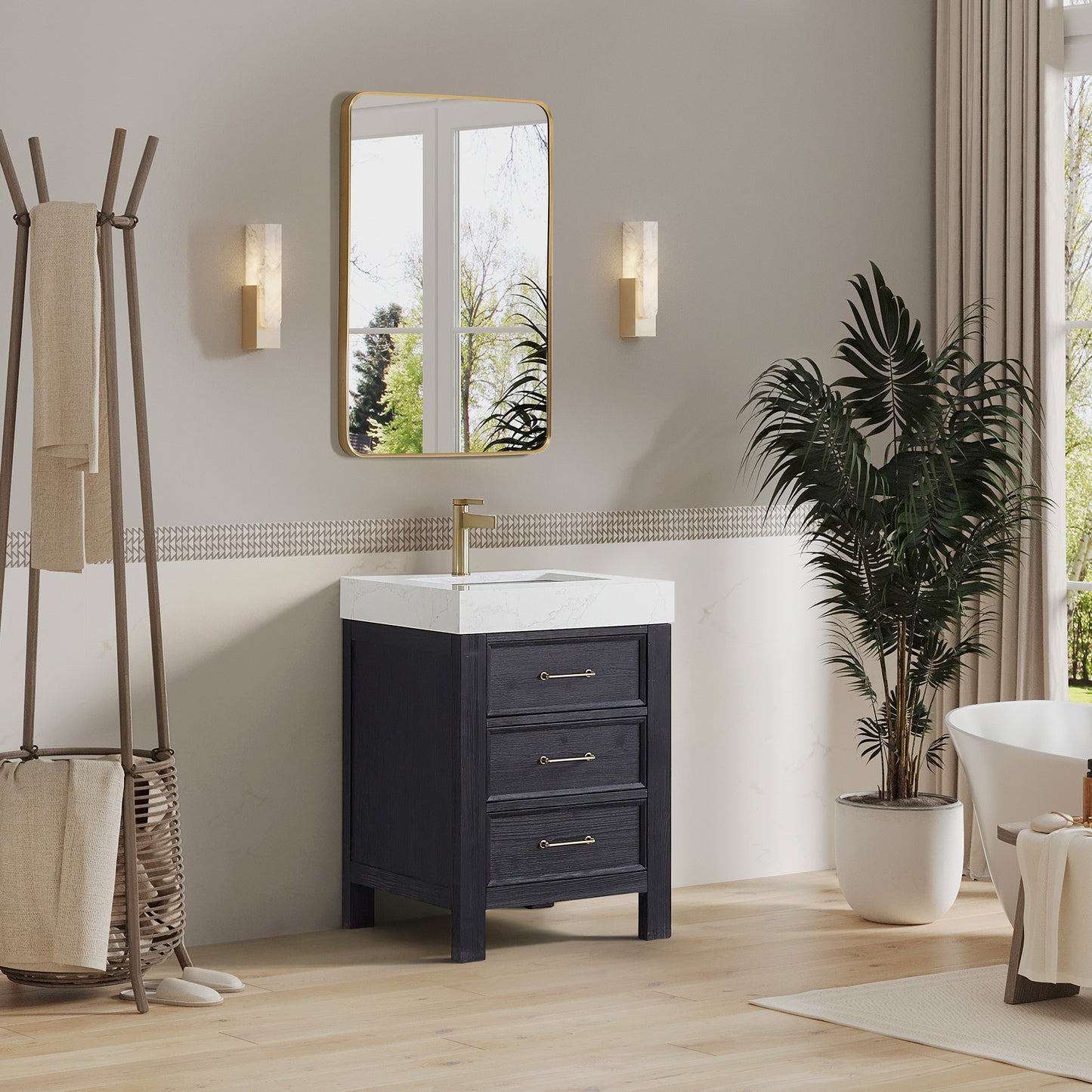Vinnova, León 24in. Free-standing Single Bathroom Vanity in Fir Wood Black with Composite top in Lightning White and Mirror