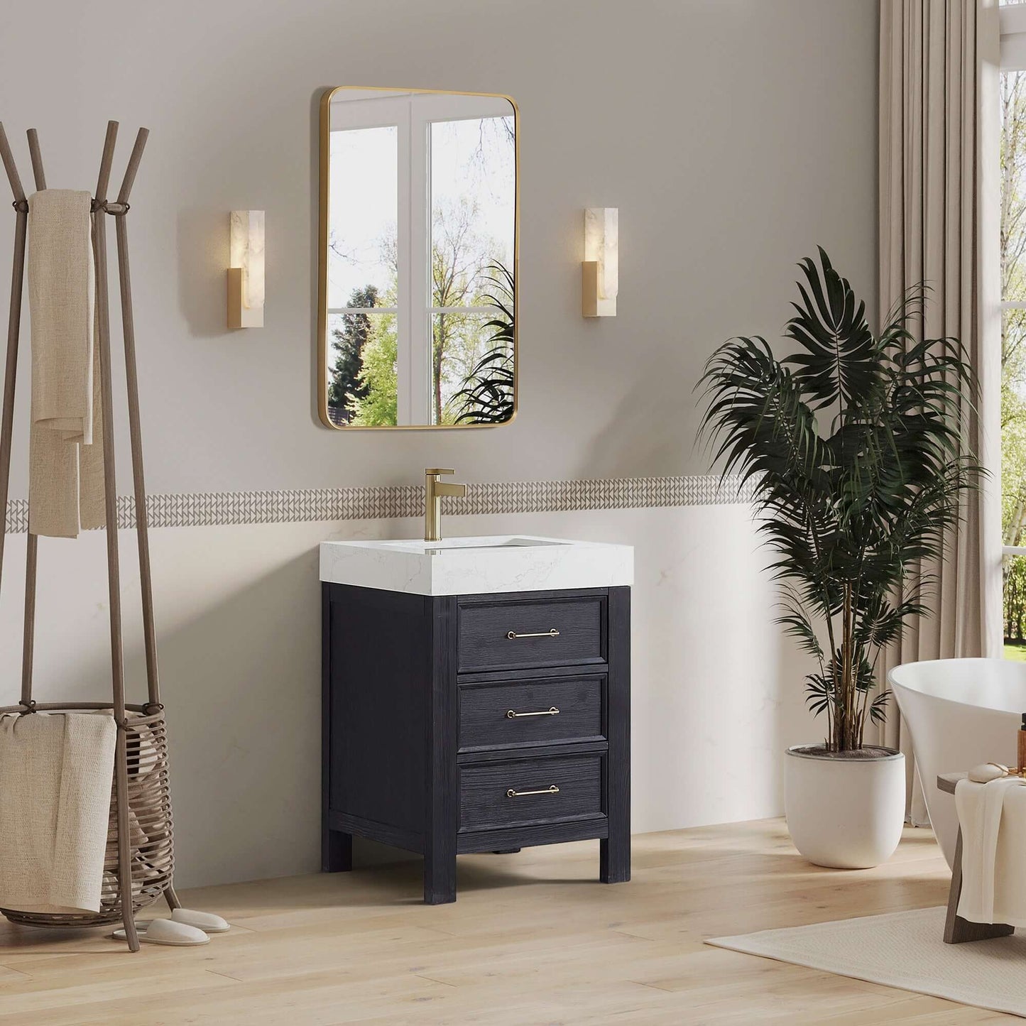 Vinnova León 24-inch free-standing single bathroom vanity in black fir wood with Lightning White composite top and mirror