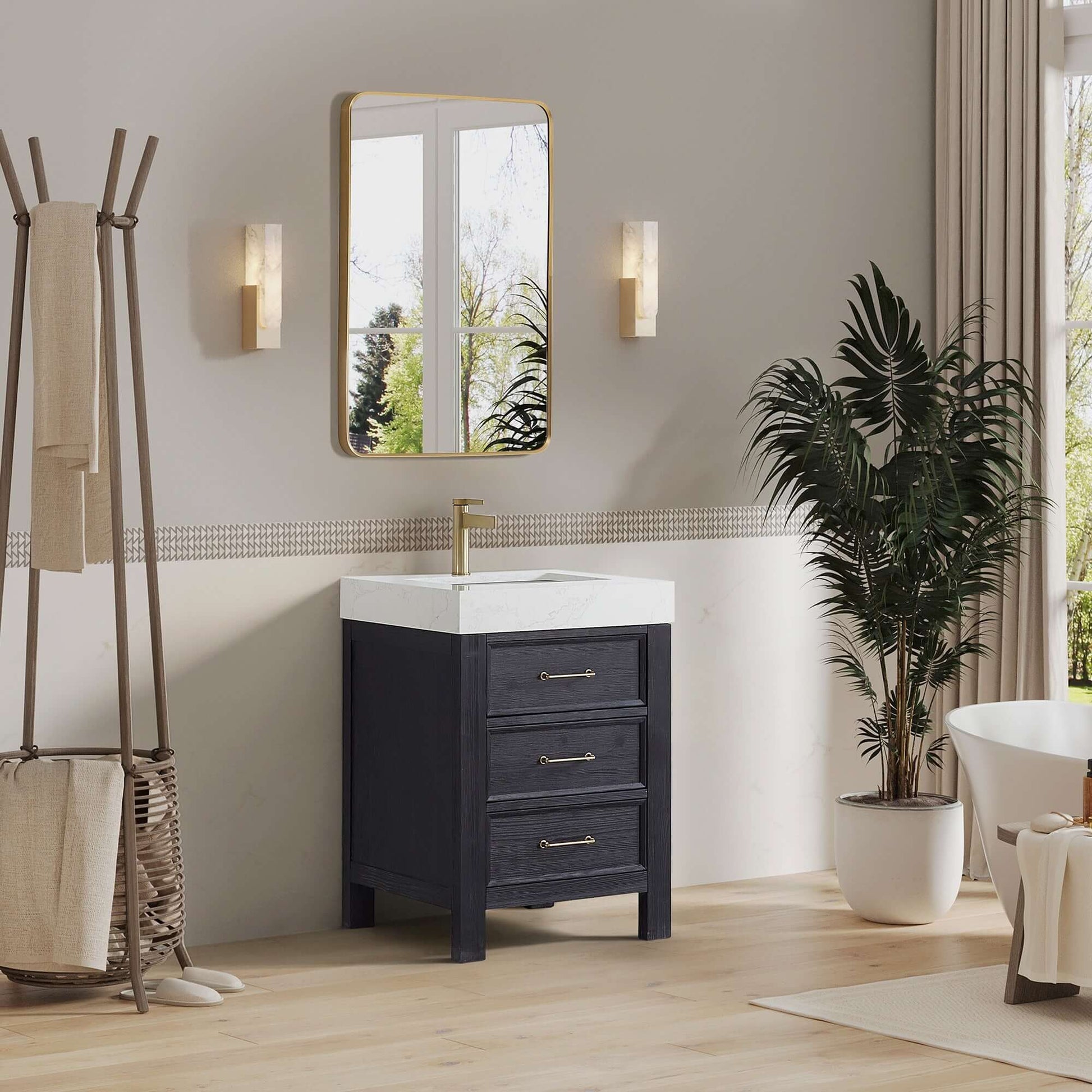 Vinnova León 24-inch free-standing single bathroom vanity in black fir wood with Lightning White composite top and mirror