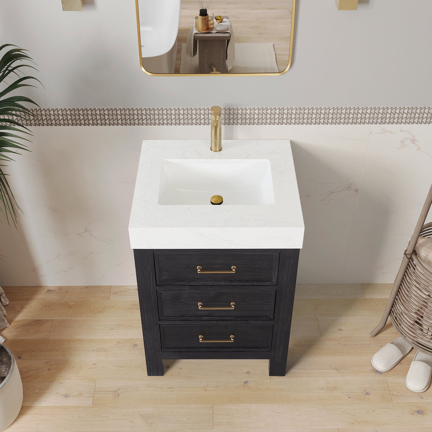 Vinnova, León 24in. Free-standing Single Bathroom Vanity in Fir Wood Black with Composite top in Lightning White and Mirror