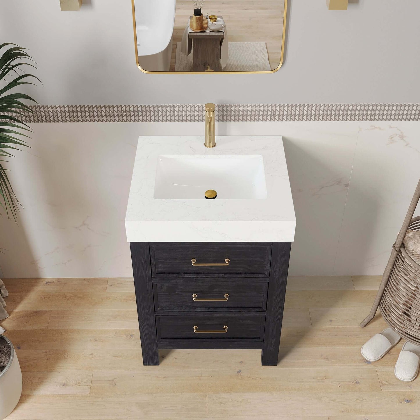 Vinnova León 24-inch free-standing single bathroom vanity in black fir wood with Lightning White composite top and mirror