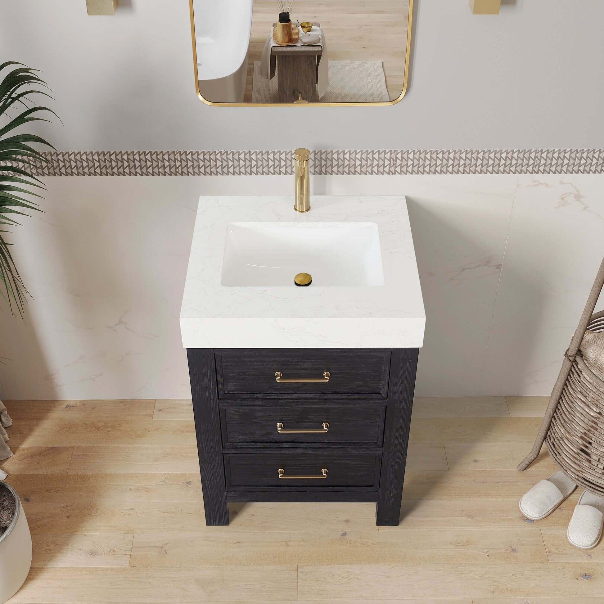 Vinnova León 24-inch free-standing single bathroom vanity in black fir wood with Lightning White composite top and mirror