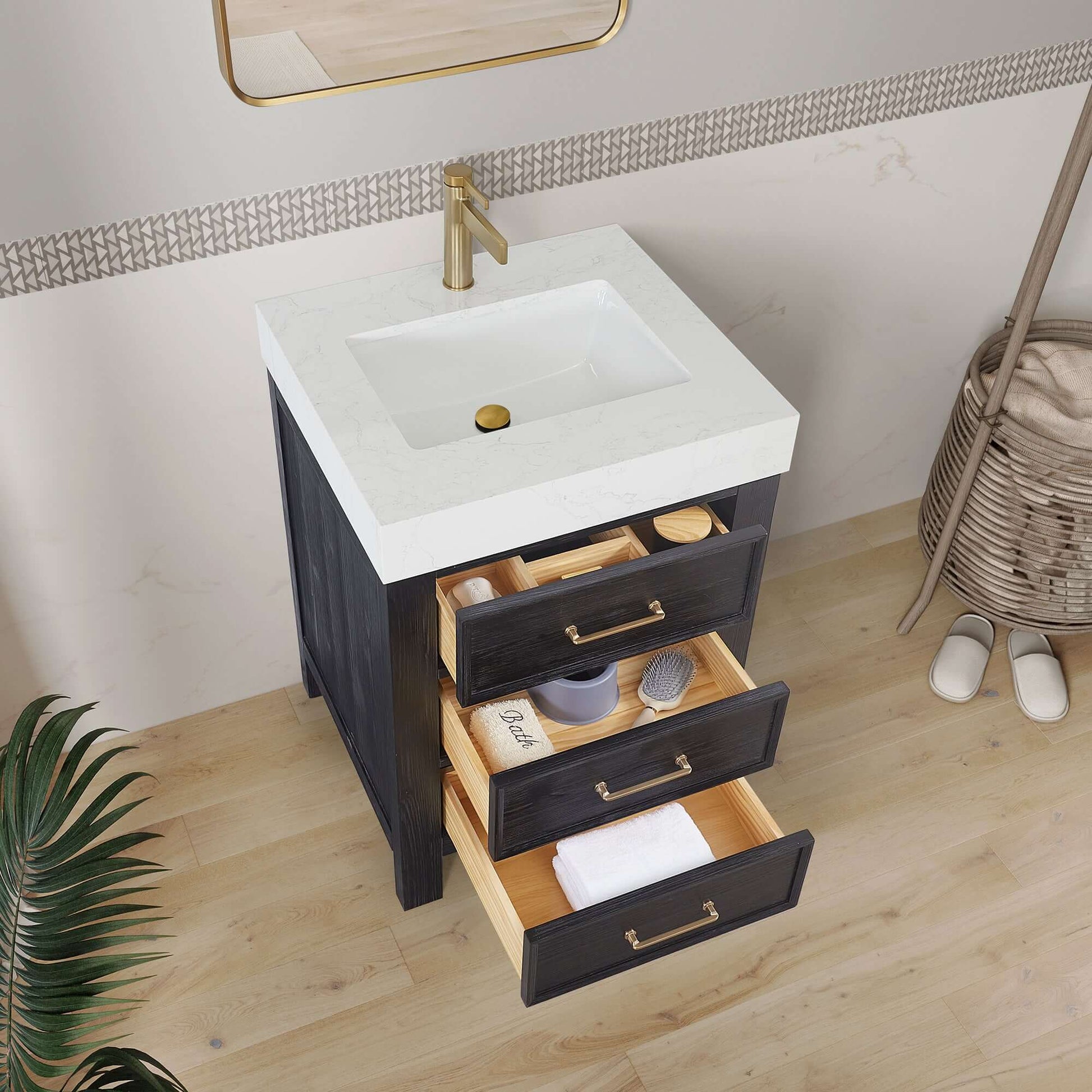 Vinnova León 24-inch free-standing single bathroom vanity in black fir wood with Lightning White composite top and mirror