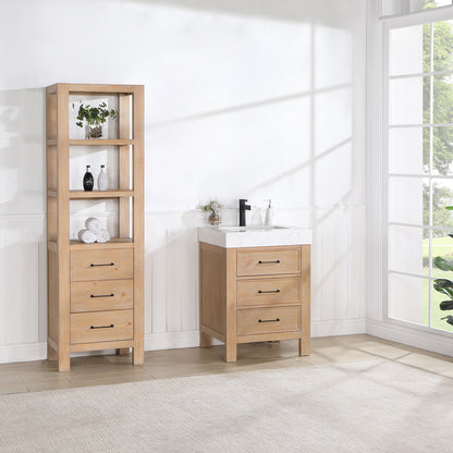 Vinnova, León 24in. Free-standing Single Bathroom Vanity in Fir Wood Brown with Composite top in Lightning White