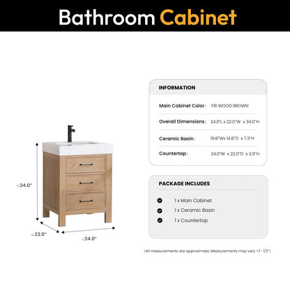 Vinnova, León 24in. Free-standing Single Bathroom Vanity in Fir Wood Brown with Composite top in Lightning White