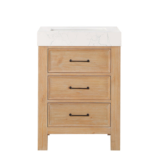 Vinnova, León 24in. Free-standing Single Bathroom Vanity in Fir Wood Brown with Composite top in Lightning White
