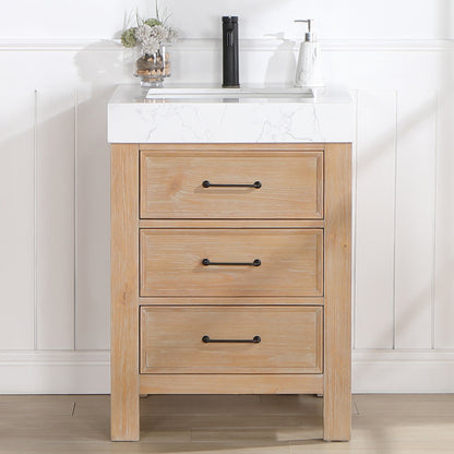 Vinnova, León 24in. Free-standing Single Bathroom Vanity in Fir Wood Brown with Composite top in Lightning White