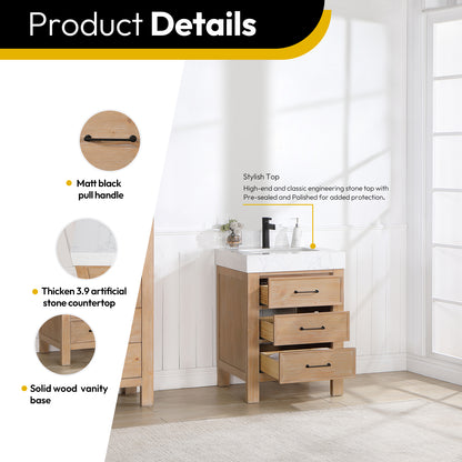 Vinnova, León 24in. Free-standing Single Bathroom Vanity in Fir Wood Brown with Composite top in Lightning White