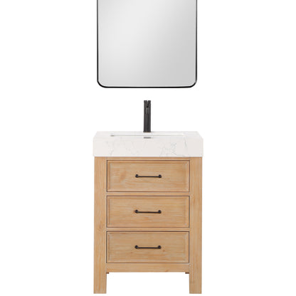 Vinnova, León 24in. Free-standing Single Bathroom Vanity in Fir Wood Brown with Composite top in Lightning White and Mirror