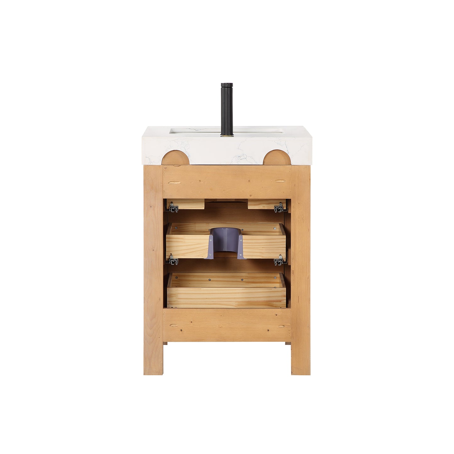 Vinnova, León 24in. Free-standing Single Bathroom Vanity in Fir Wood Brown with Composite top in Lightning White and Mirror