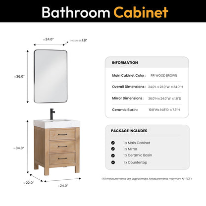 Vinnova, León 24in. Free-standing Single Bathroom Vanity in Fir Wood Brown with Composite top in Lightning White and Mirror
