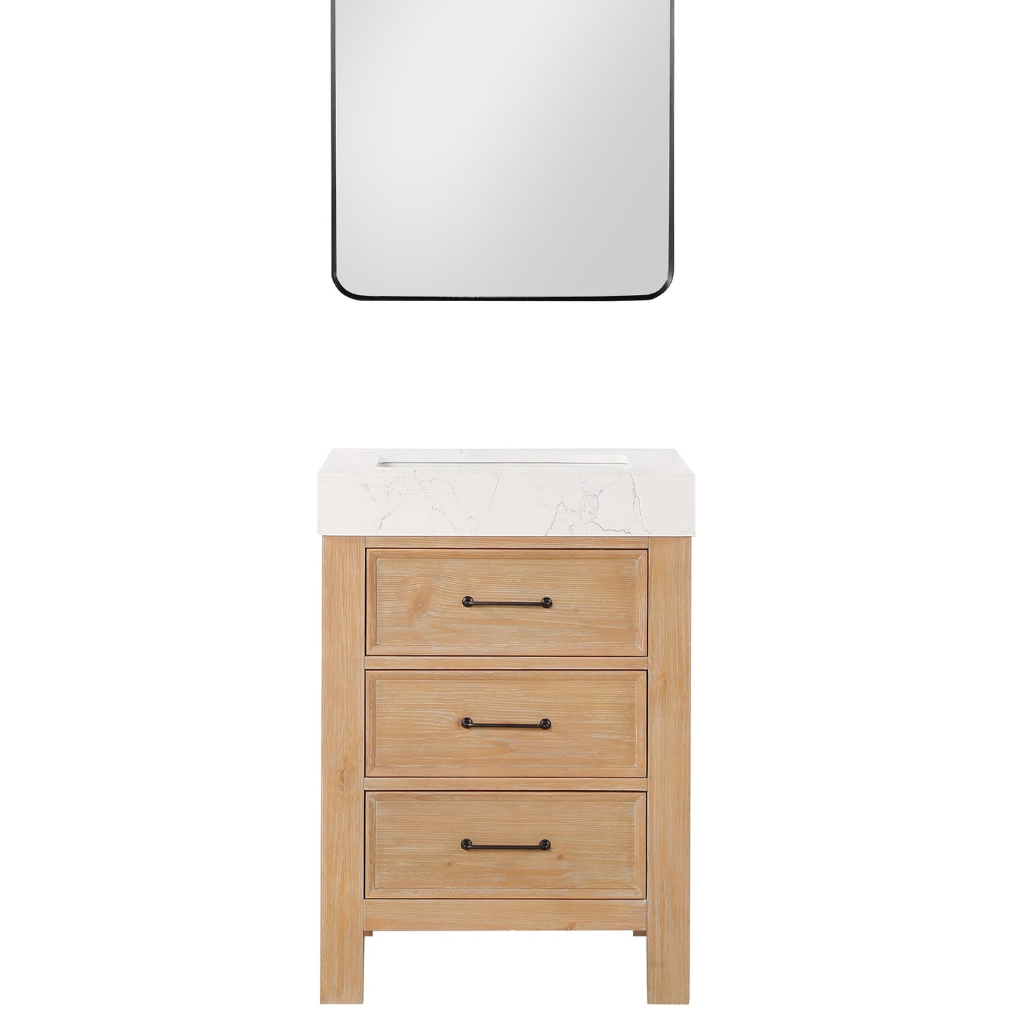 Vinnova, León 24in. Free-standing Single Bathroom Vanity in Fir Wood Brown with Composite top in Lightning White and Mirror