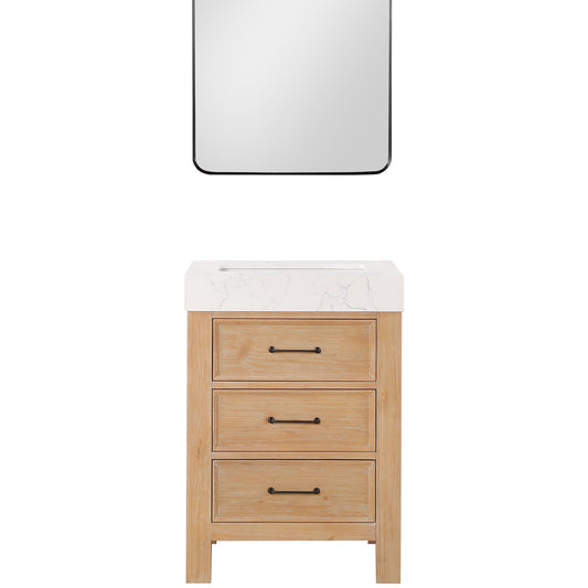 Vinnova, León 24in. Free-standing Single Bathroom Vanity in Fir Wood Brown with Composite top in Lightning White and Mirror
