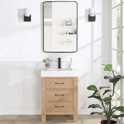 Vinnova, León 24in. Free-standing Single Bathroom Vanity in Fir Wood Brown with Composite top in Lightning White and Mirror
