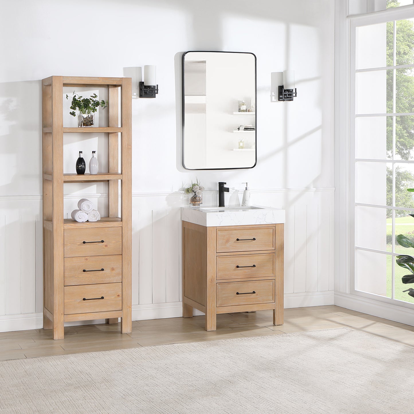Vinnova, León 24in. Free-standing Single Bathroom Vanity in Fir Wood Brown with Composite top in Lightning White and Mirror