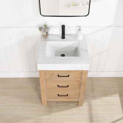 Vinnova, León 24in. Free-standing Single Bathroom Vanity in Fir Wood Brown with Composite top in Lightning White and Mirror