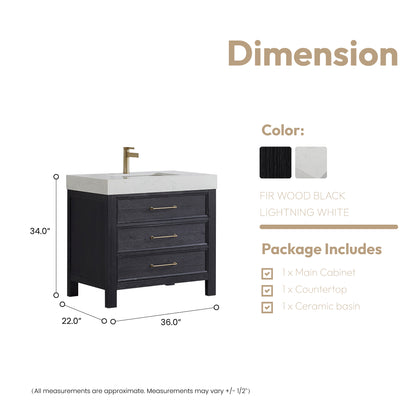 Vinnova, León 36in. Free-standing Single Bathroom Vanity in Fir Wood Black with Composite top in Lightning White