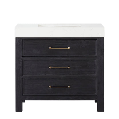 Vinnova, León 36in. Free-standing Single Bathroom Vanity in Fir Wood Black with Composite top in Lightning White