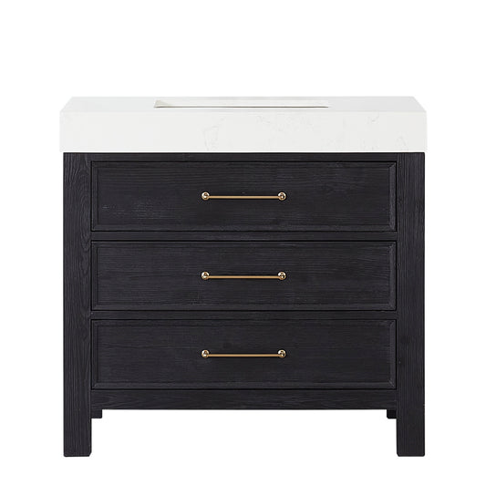Vinnova, León 36in. Free-standing Single Bathroom Vanity in Fir Wood Black with Composite top in Lightning White