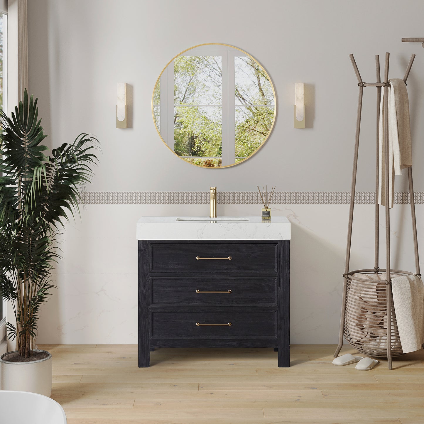 Vinnova, León 36in. Free-standing Single Bathroom Vanity in Fir Wood Black with Composite top in Lightning White and Mirror
