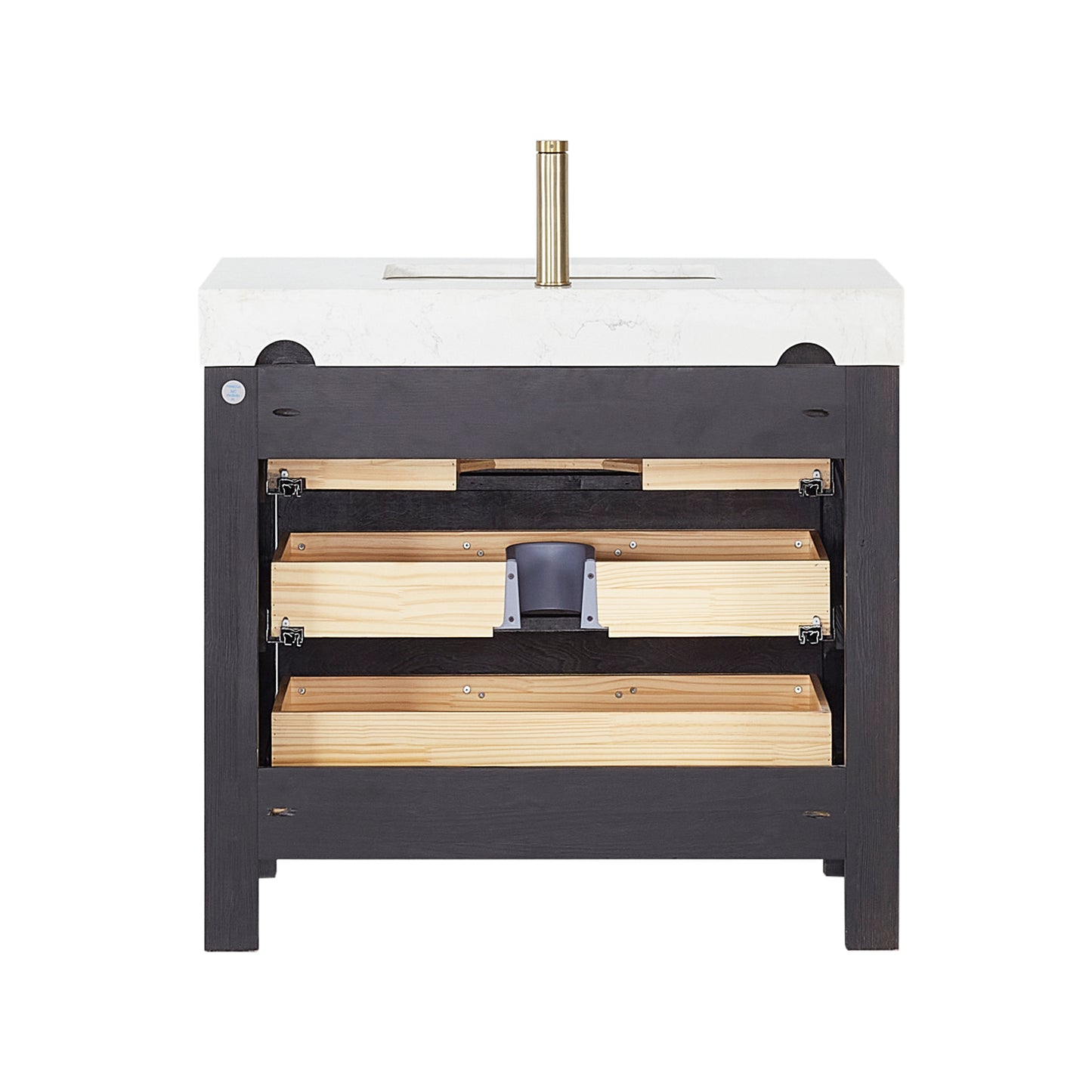 Vinnova, León 36in. Free-standing Single Bathroom Vanity in Fir Wood Black with Composite top in Lightning White and Mirror