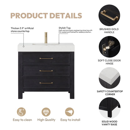 Vinnova, León 36in. Free-standing Single Bathroom Vanity in Fir Wood Black with Composite top in Lightning White and Mirror