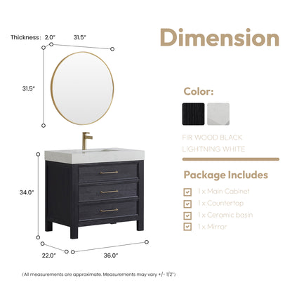 Vinnova, León 36in. Free-standing Single Bathroom Vanity in Fir Wood Black with Composite top in Lightning White and Mirror