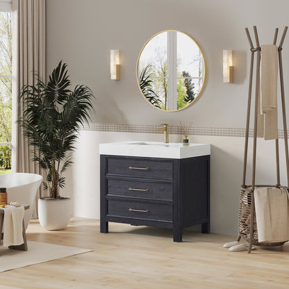 Vinnova, León 36in. Free-standing Single Bathroom Vanity in Fir Wood Black with Composite top in Lightning White and Mirror