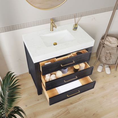Vinnova, León 36in. Free-standing Single Bathroom Vanity in Fir Wood Black with Composite top in Lightning White and Mirror
