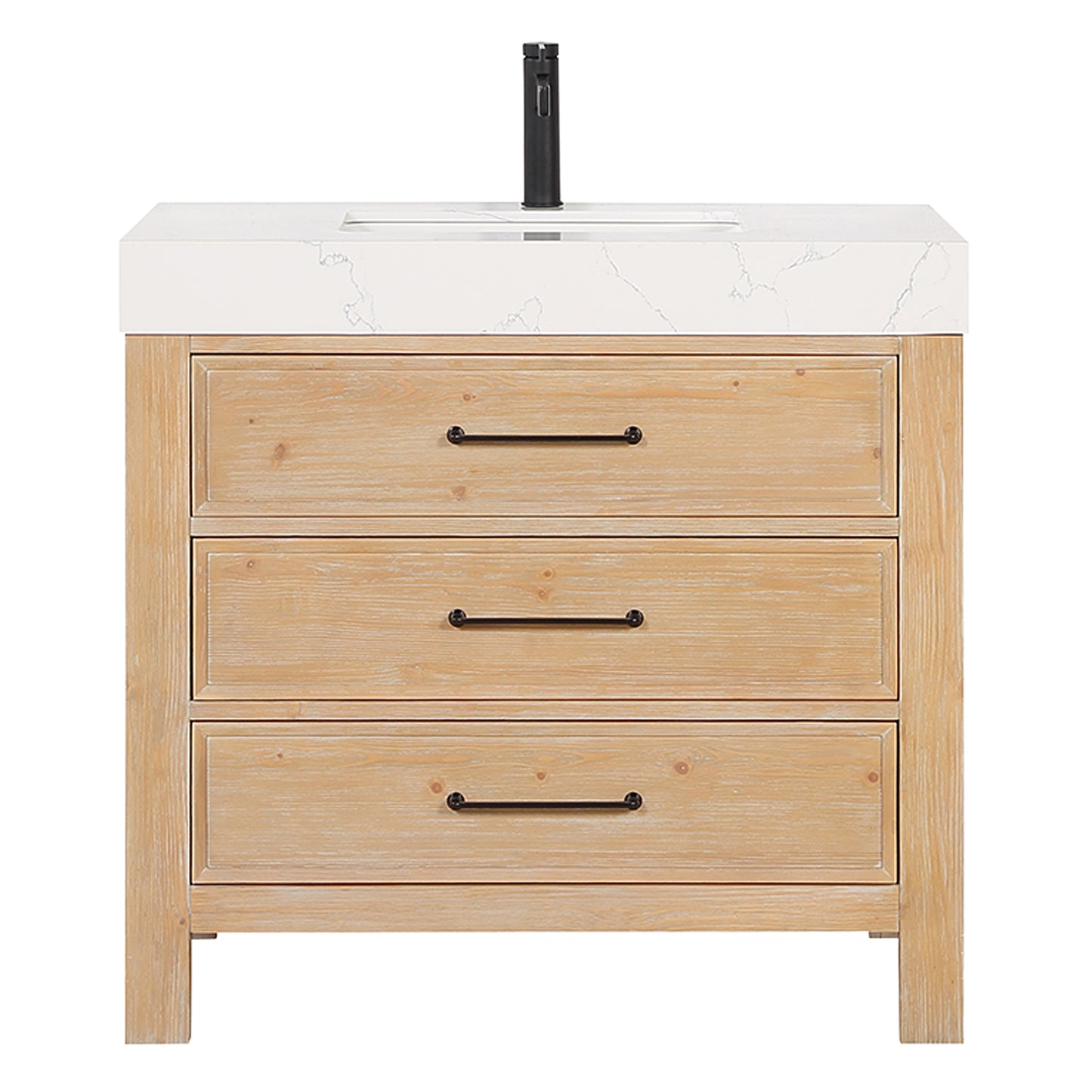 Vinnova, León 36in. Free-standing Single Bathroom Vanity in Fir Wood Brown with Composite top in Lightning White