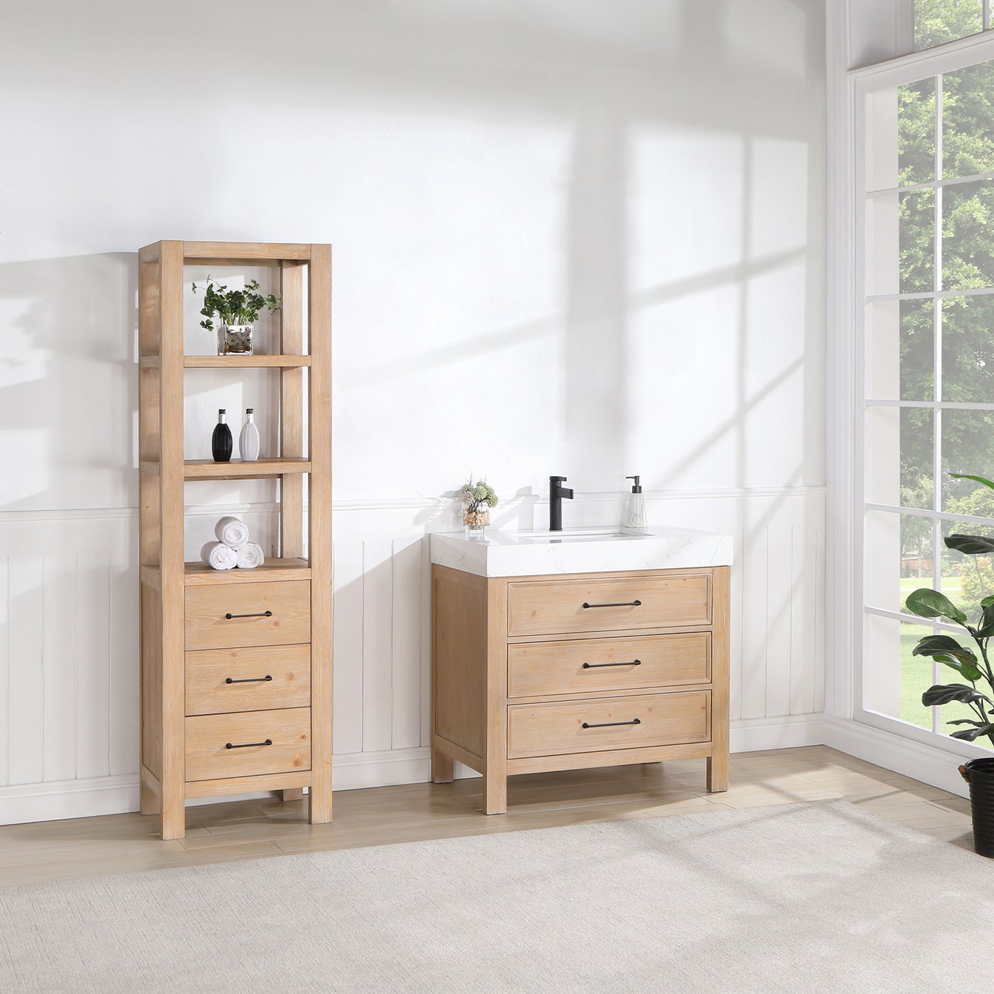 Vinnova, León 36in. Free-standing Single Bathroom Vanity in Fir Wood Brown with Composite top in Lightning White