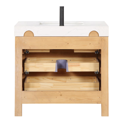Vinnova, León 36in. Free-standing Single Bathroom Vanity in Fir Wood Brown with Composite top in Lightning White