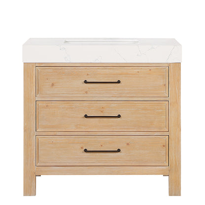 Vinnova, León 36in. Free-standing Single Bathroom Vanity in Fir Wood Brown with Composite top in Lightning White