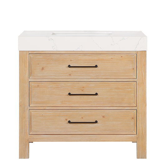 Vinnova, León 36in. Free-standing Single Bathroom Vanity in Fir Wood Brown with Composite top in Lightning White