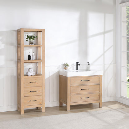 Vinnova, León 36in. Free-standing Single Bathroom Vanity in Fir Wood Brown with Composite top in Lightning White