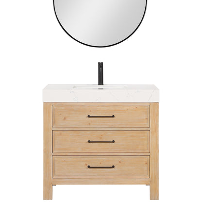 Vinnova, León 36in. Free-standing Single Bathroom Vanity in Fir Wood Brown with Composite top in Lightning White and Mirror