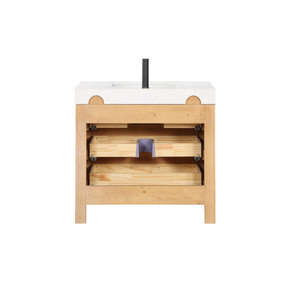 Vinnova, León 36in. Free-standing Single Bathroom Vanity in Fir Wood Brown with Composite top in Lightning White and Mirror