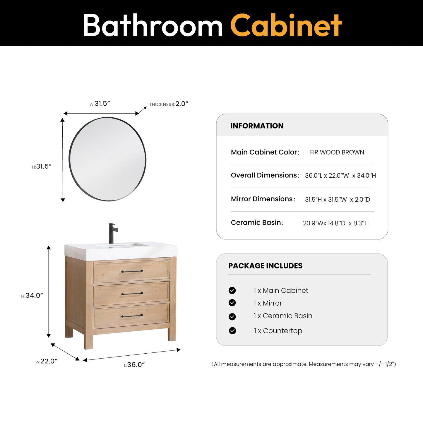 Vinnova, León 36in. Free-standing Single Bathroom Vanity in Fir Wood Brown with Composite top in Lightning White and Mirror