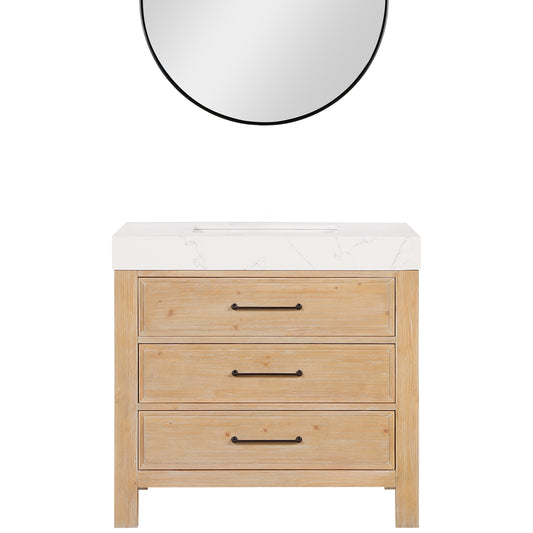 Vinnova, León 36in. Free-standing Single Bathroom Vanity in Fir Wood Brown with Composite top in Lightning White and Mirror