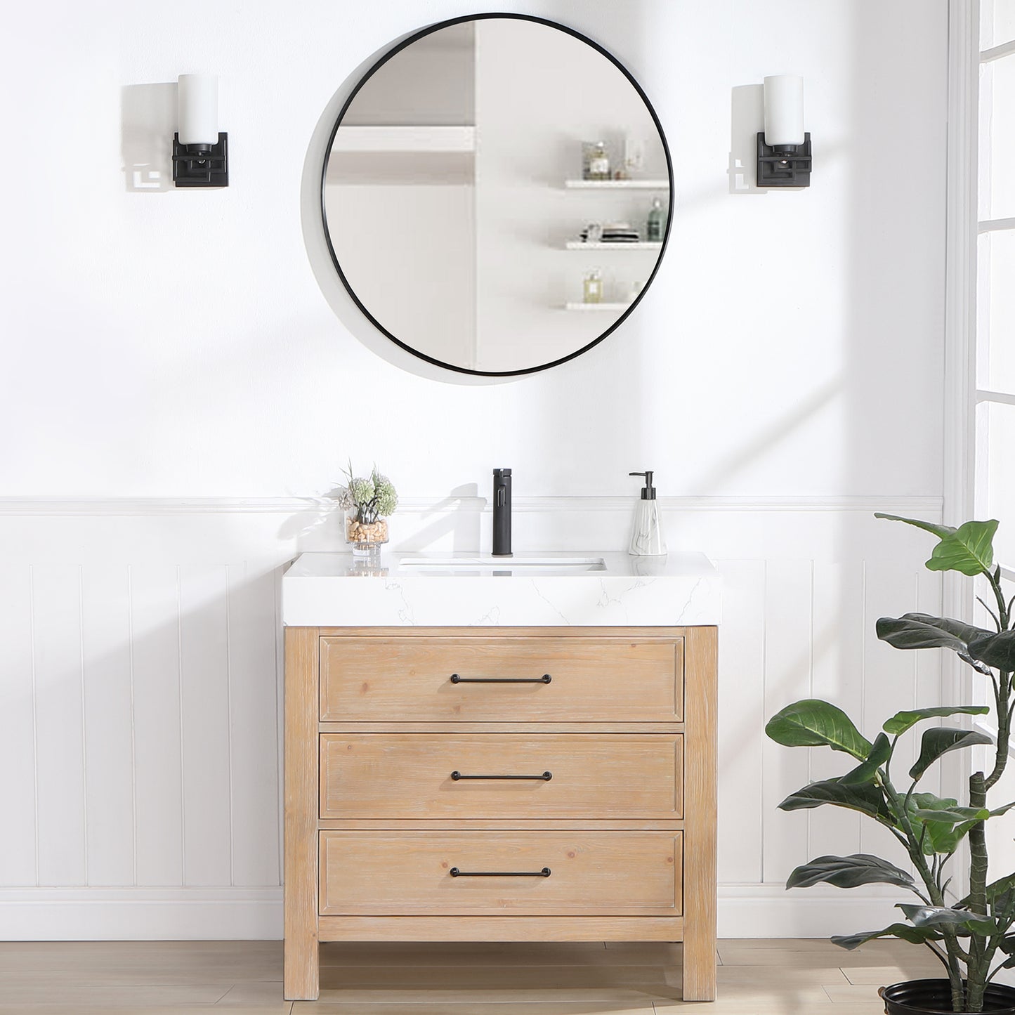 Vinnova, León 36in. Free-standing Single Bathroom Vanity in Fir Wood Brown with Composite top in Lightning White and Mirror