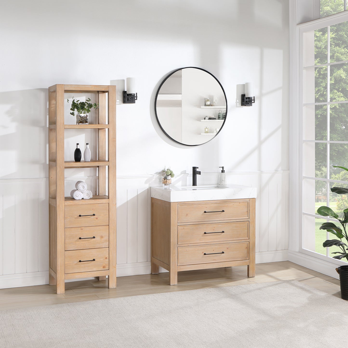 Vinnova, León 36in. Free-standing Single Bathroom Vanity in Fir Wood Brown with Composite top in Lightning White and Mirror