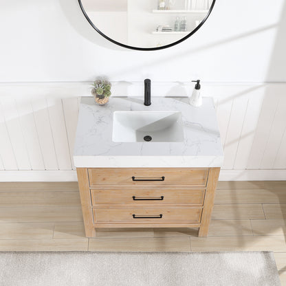 Vinnova, León 36in. Free-standing Single Bathroom Vanity in Fir Wood Brown with Composite top in Lightning White and Mirror