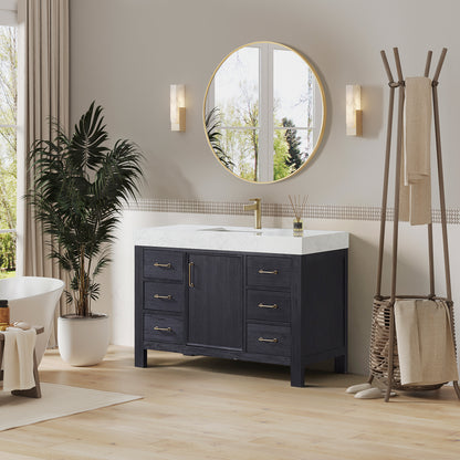 Vinnova, León 48in. Free-standing Single Bathroom Vanity in Fir Wood Black with Composite top in Lightning White