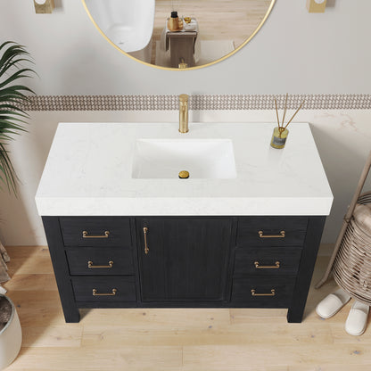 Vinnova, León 48in. Free-standing Single Bathroom Vanity in Fir Wood Black with Composite top in Lightning White