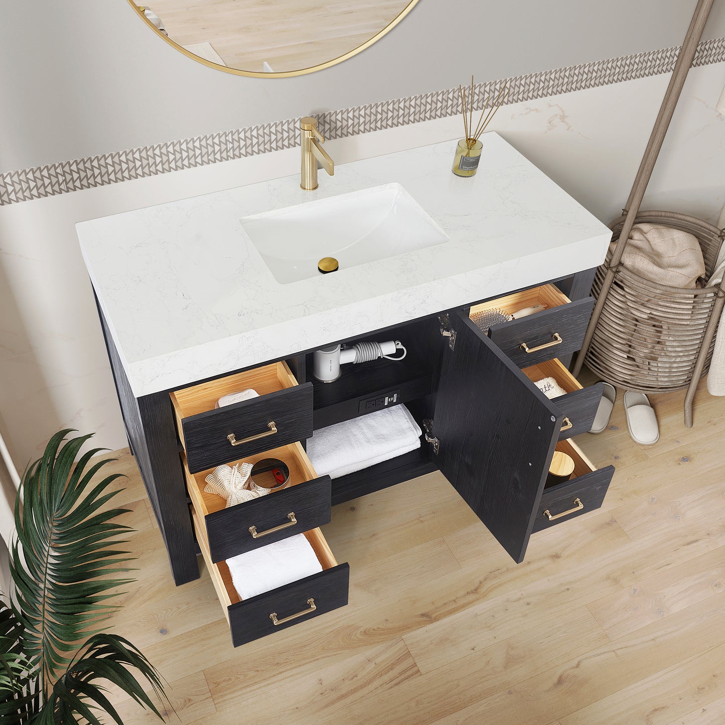 Vinnova, León 48in. Free-standing Single Bathroom Vanity in Fir Wood Black with Composite top in Lightning White