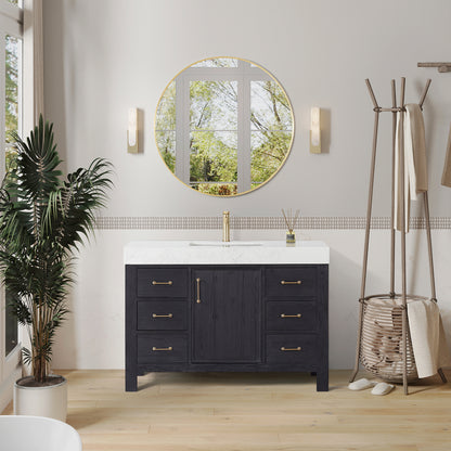 Vinnova, León 48in. Free-standing Single Bathroom Vanity in Fir Wood Black with Composite top in Lightning White and Mirror