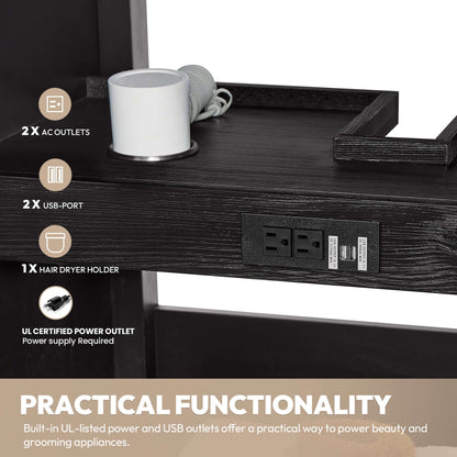 Vinnova León 48-inch free-standing single bathroom vanity in black fir wood with Lightning White composite top and mirror