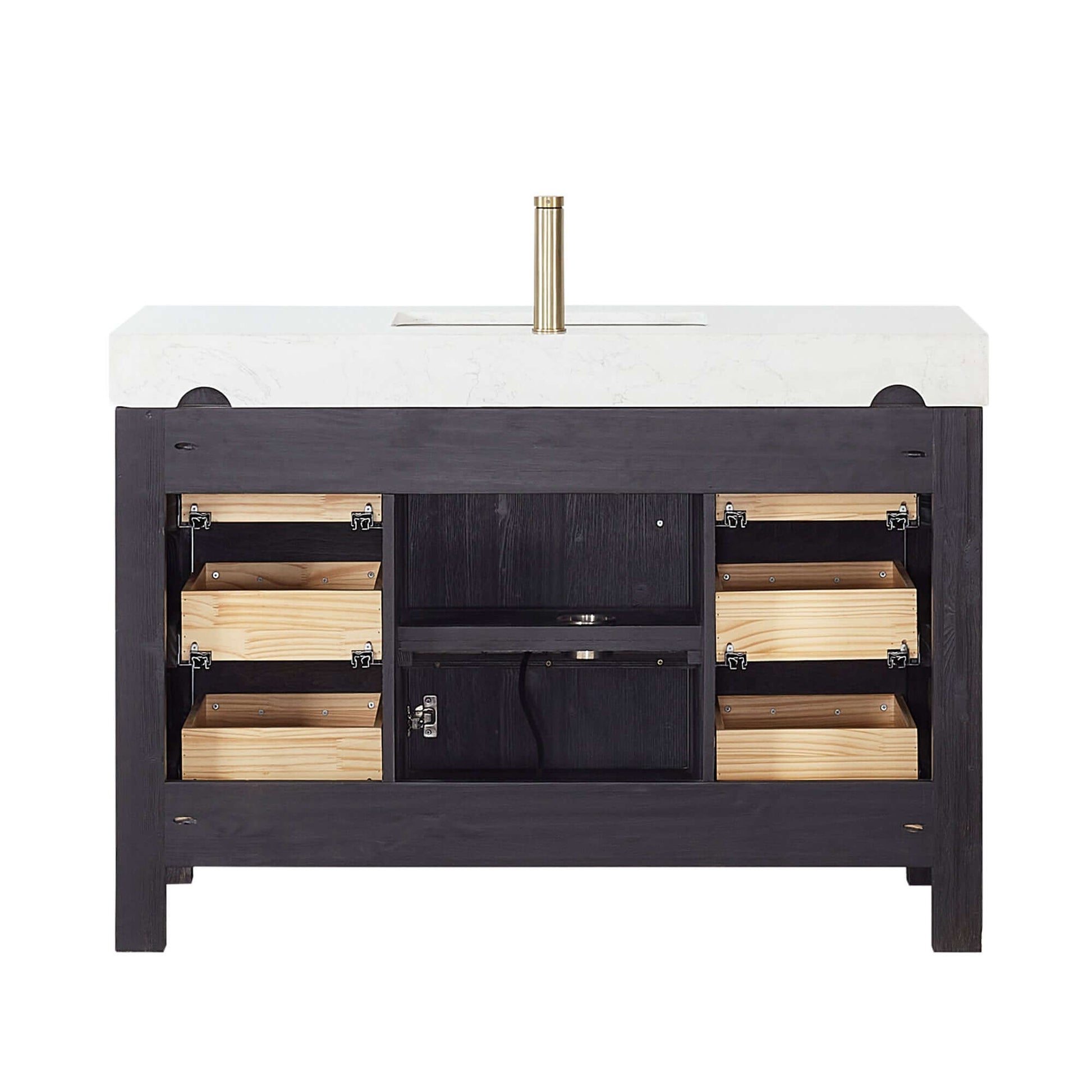 Vinnova León 48-inch free-standing single bathroom vanity in black fir wood with Lightning White composite top and mirror