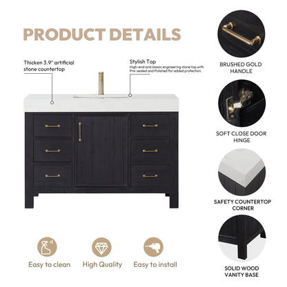 Vinnova, León 48in. Free-standing Single Bathroom Vanity in Fir Wood Black with Composite top in Lightning White and Mirror