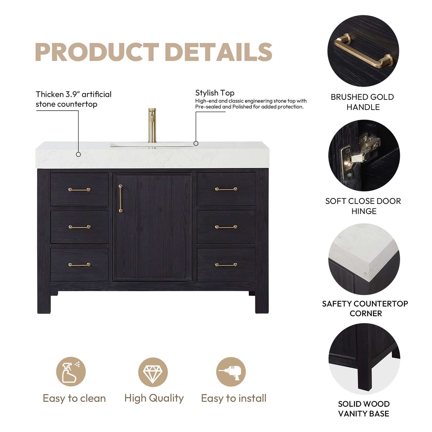 Vinnova León 48-inch free-standing single bathroom vanity in black fir wood with Lightning White composite top and mirror